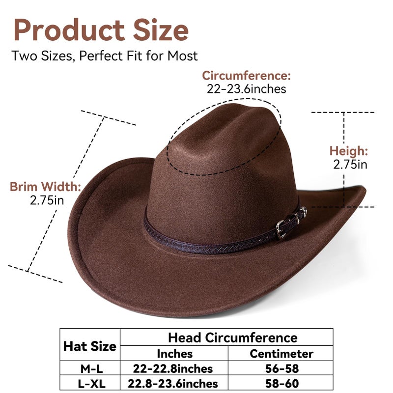 WAYCOM Western Cowboy Hat for Women: Wide Brimmed for Cowgirl - 2 Decorative Band for Men - Felt Hats for Party/Festival Brown - Image 2