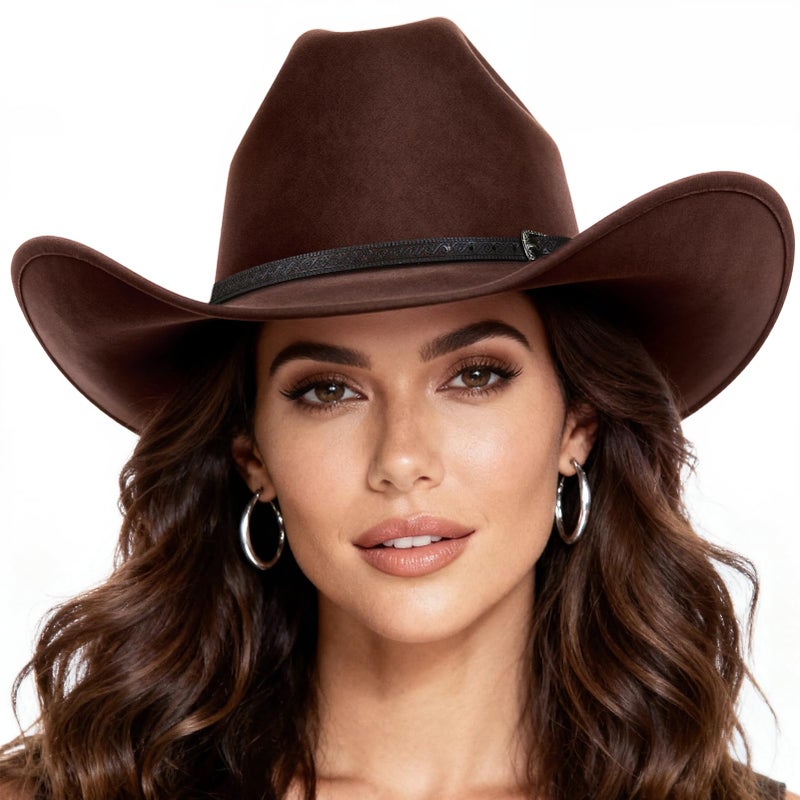 WAYCOM Western Cowboy Hat for Women: Wide Brimmed for Cowgirl - 2 Decorative Band for Men - Felt Hats for Party/Festival Brown - Image 1