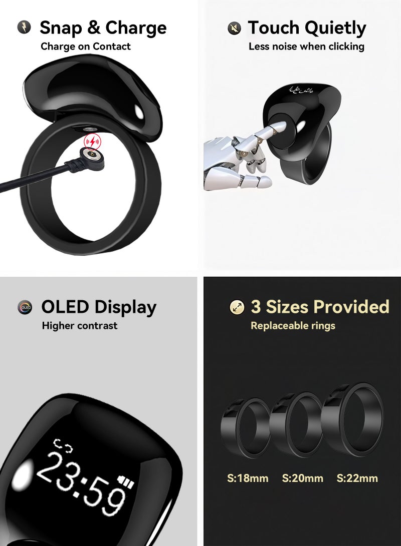 يو إل اتش واي سي خاتم تسبيح ذكر ذكي، عداد قابل للتعديل، مقاس (18 و20 مم)، يدعم التطبيق، خاتم تذكير بالصلاة، خاتم ذكر مضاد للماء، للمسلمين (أسود) - Image 3