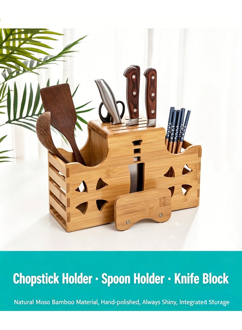 Bamboo Multi-functional Kitchen Knife Block & Utensil Storage Rack - Image 1