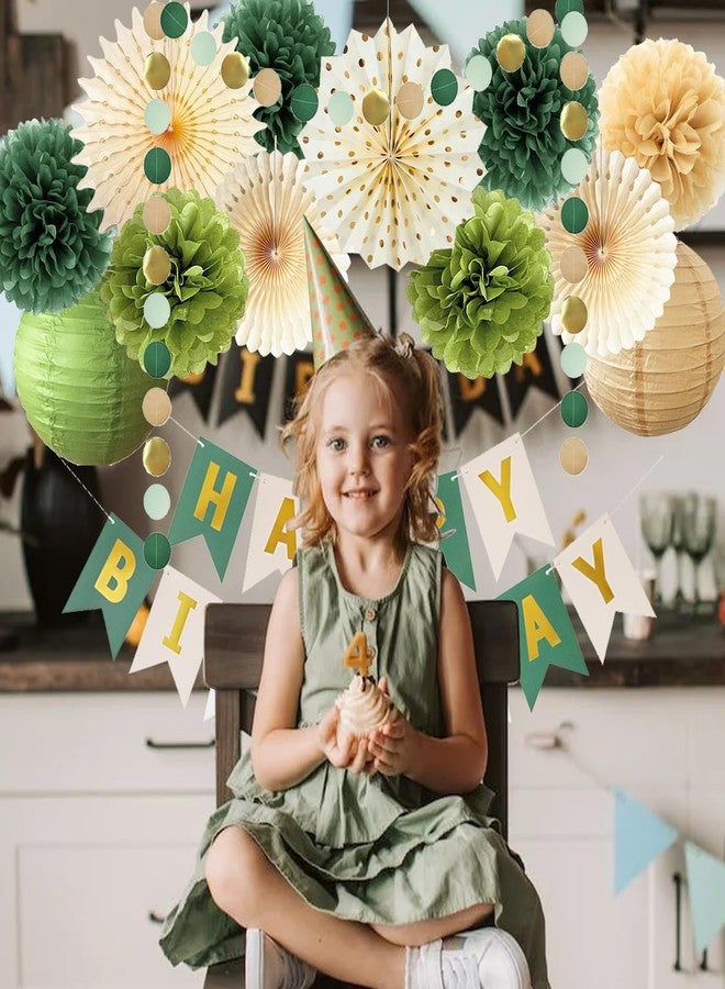 FETETIJD Green Birthday Party Decorations Olive Green Birthday Cream Tissue Pom Poms Paper Lanterns Circle Garland Hanging Paper Fans for Girls Women Neutral Boho Birth Day Decorations - Image 4