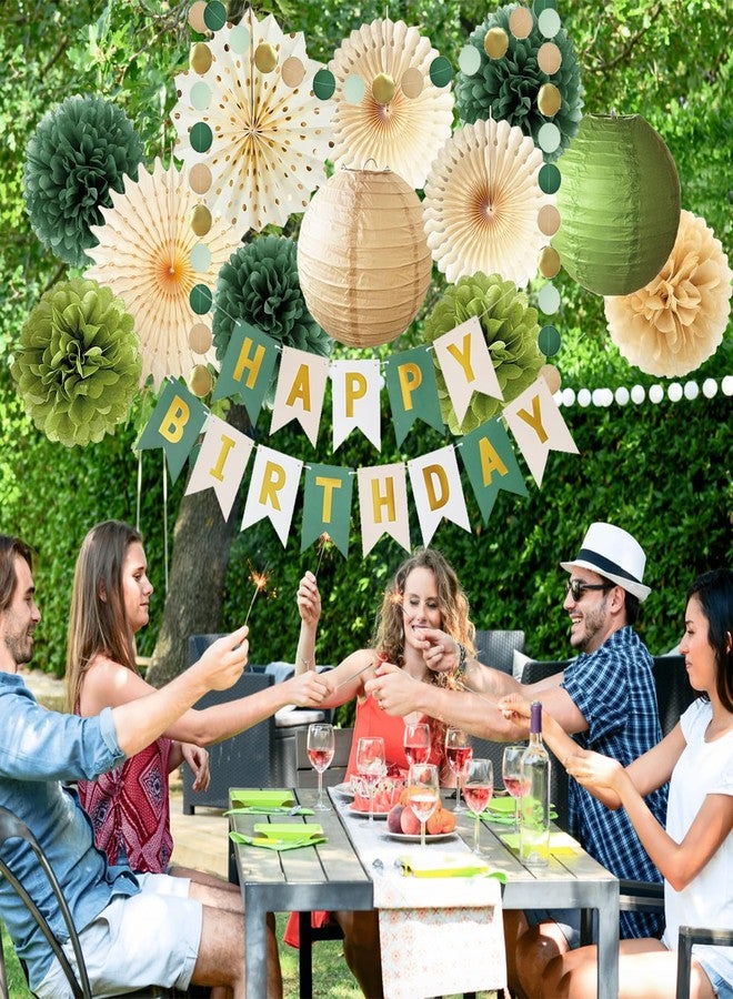 FETETIJD Green Birthday Party Decorations Olive Green Birthday Cream Tissue Pom Poms Paper Lanterns Circle Garland Hanging Paper Fans for Girls Women Neutral Boho Birth Day Decorations - Image 2