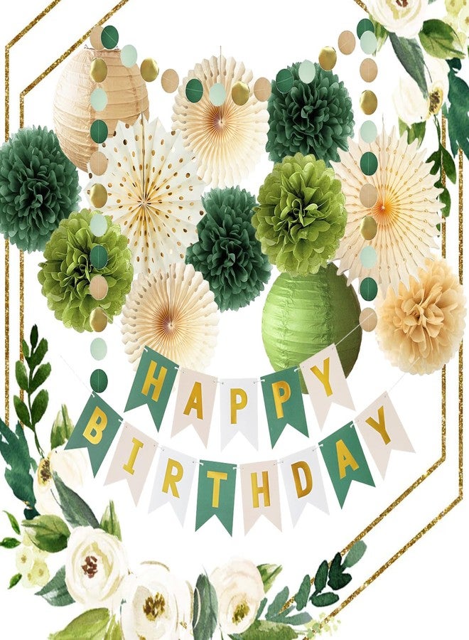 FETETIJD Green Birthday Party Decorations Olive Green Birthday Cream Tissue Pom Poms Paper Lanterns Circle Garland Hanging Paper Fans for Girls Women Neutral Boho Birth Day Decorations - Image 5