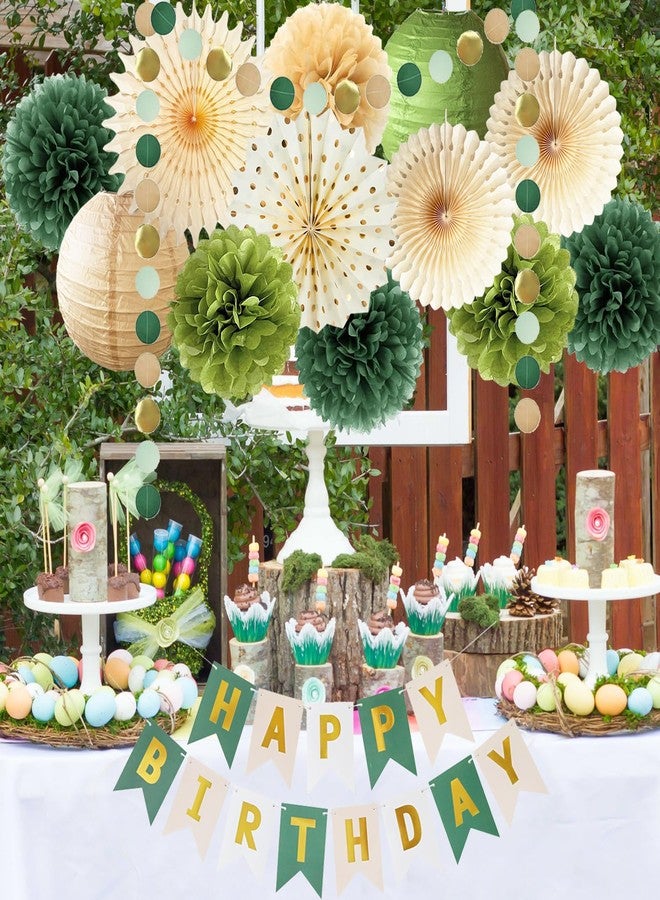 FETETIJD Green Birthday Party Decorations Olive Green Birthday Cream Tissue Pom Poms Paper Lanterns Circle Garland Hanging Paper Fans for Girls Women Neutral Boho Birth Day Decorations - Image 3