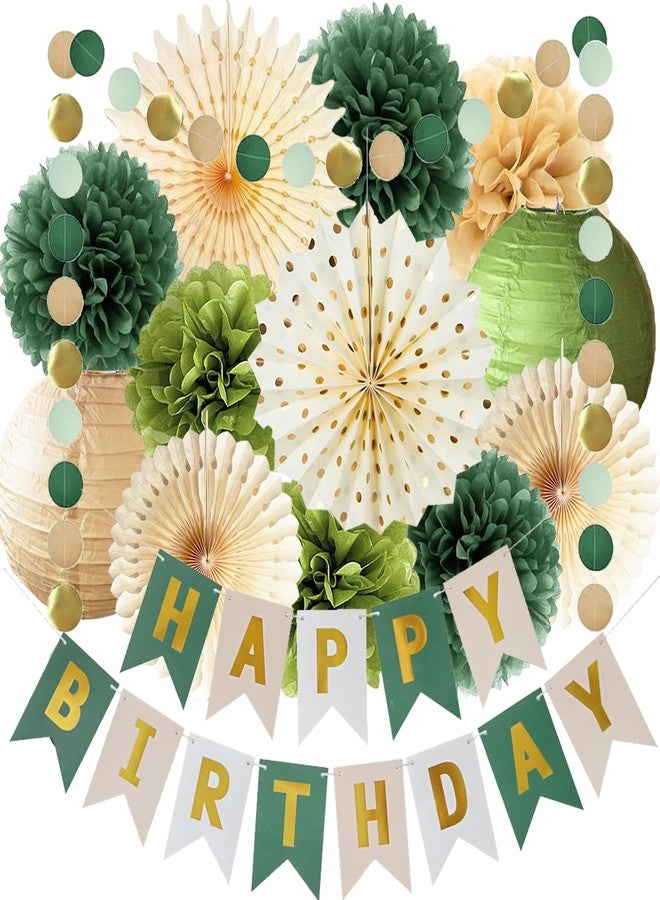 FETETIJD Green Birthday Party Decorations Olive Green Birthday Cream Tissue Pom Poms Paper Lanterns Circle Garland Hanging Paper Fans for Girls Women Neutral Boho Birth Day Decorations - Image 1