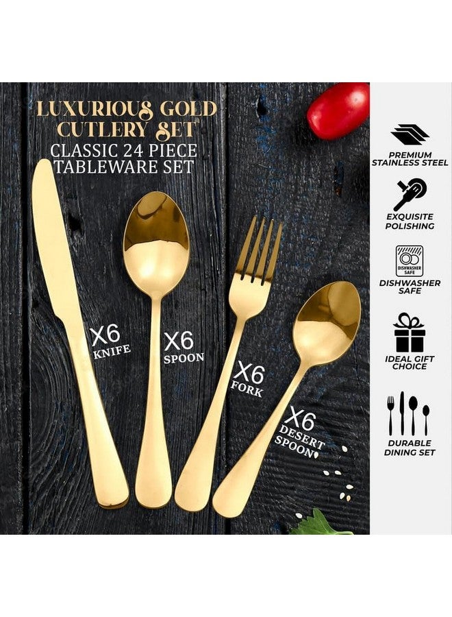 Artek 24-Piece Gold Stainless Steel Flatware Cutlery Set for 6 | with Spoons, Forks, Knives & Teaspoons | Classy Gift Box for Weddings, Anniversaries, Dining Table & Home Kitchen (Golden) - Image 2