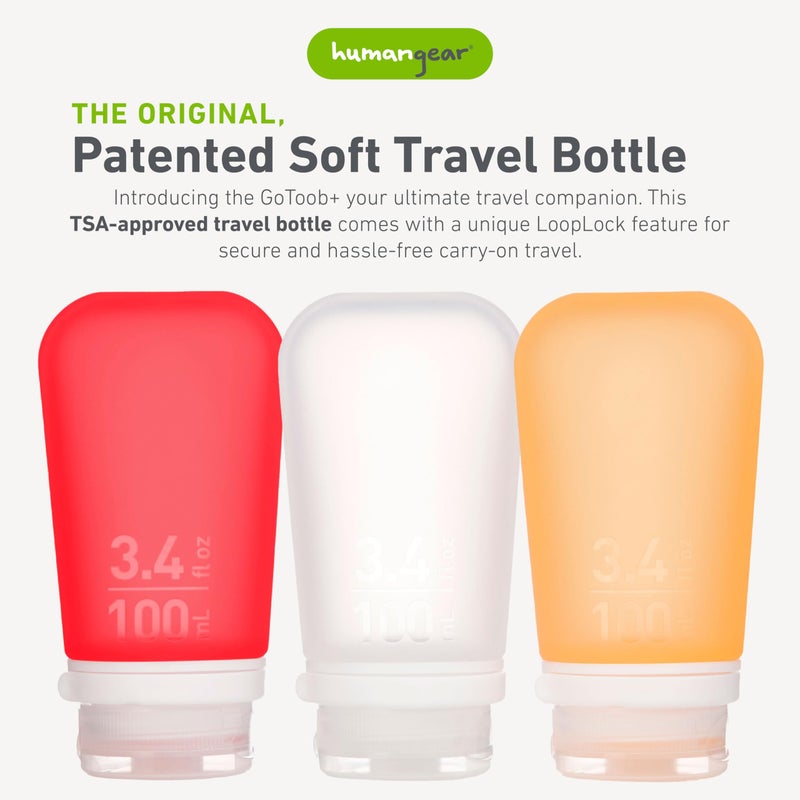 humangear GoToob+ 3-Pack (Large) | Refillable Silicone Travel Bottle | Locking Lid | Food-Safe Material, Clear/Red/Orange, Large (3.4 fl.oz.; 100ml) - Image 2
