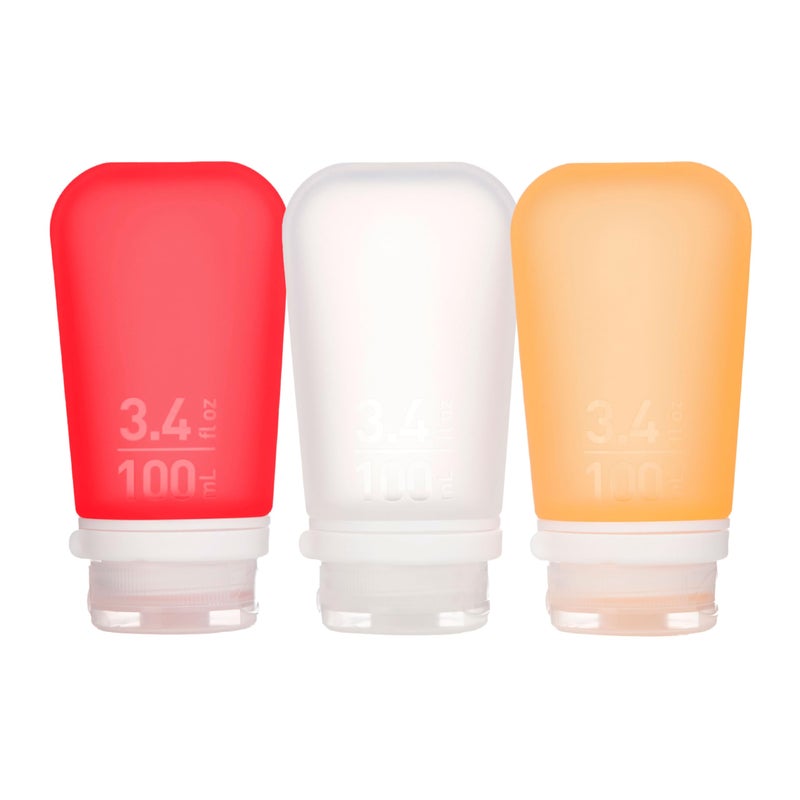 humangear GoToob+ 3-Pack (Large) | Refillable Silicone Travel Bottle | Locking Lid | Food-Safe Material, Clear/Red/Orange, Large (3.4 fl.oz.; 100ml) - Image 1