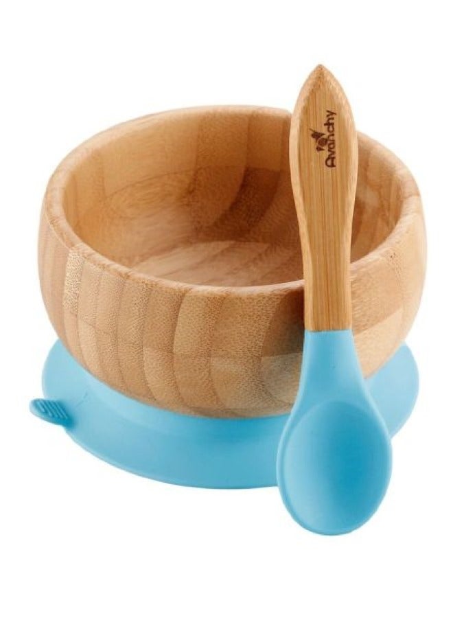 Avanchy Bamboo Suction Classic Bowl + Spoon Blue Color For Baby - Image 1