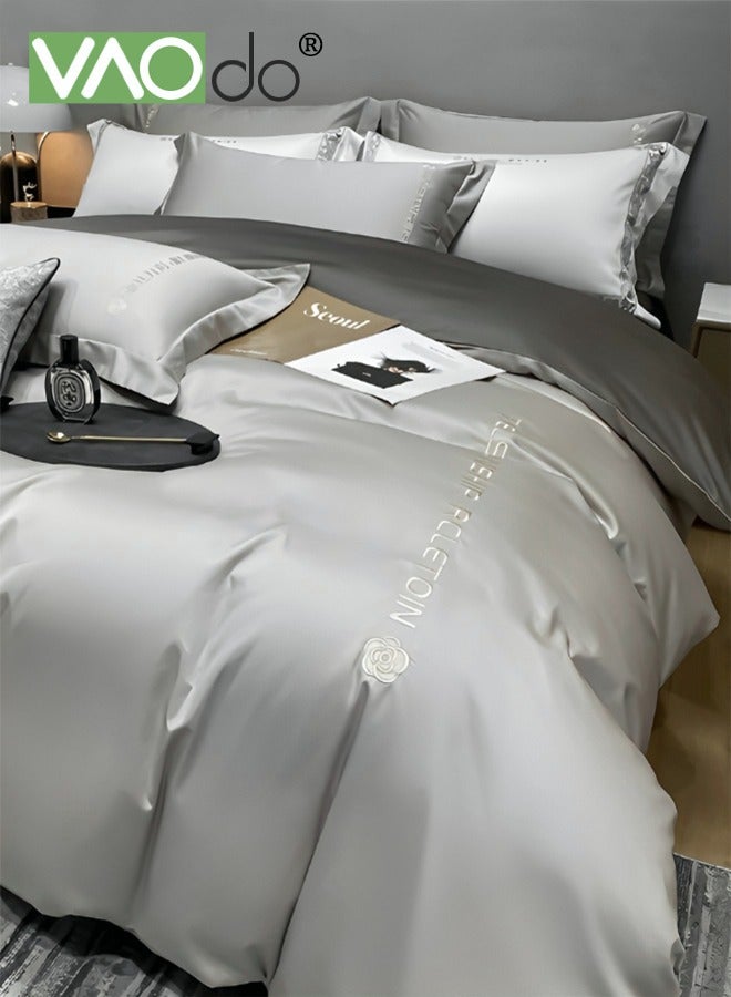 4PCS Comforter Set Warm in Winter and Cool in Summer Washed Silk Bedding Set Skin-Friendly Solid Color Breathable Duvet Cover Set 1.8M Bed 200*230CM King Size