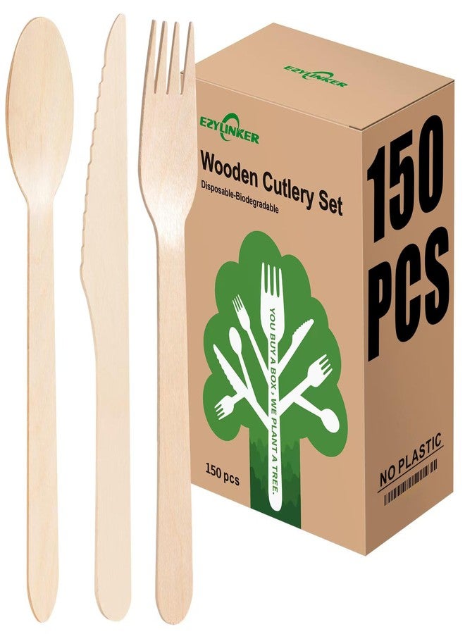 EZYLINKER (150 Count) Disposable Wooden Cutlery Set - Alternative to Plastic, Eco Friendly, Biodegradable, Compostable Cutlery Set - 50 Wood Spoons, 50 Wooden Knives & 50 Wooden Forks Disposable Utensils Set - Image 1