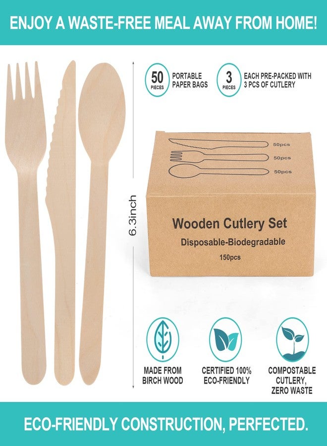 EZYLINKER (150 Count) Disposable Wooden Cutlery Set - Alternative to Plastic, Eco Friendly, Biodegradable, Compostable Cutlery Set - 50 Wood Spoons, 50 Wooden Knives & 50 Wooden Forks Disposable Utensils Set - Image 2