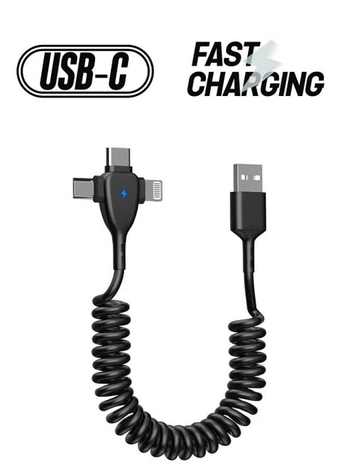 3 in 1 Coiled Lightning Cable for Car Coil iPhone Charger Cable, USB Cable Fast Charger Compatible with Lightning Type-C Micro USB for iPhone 16 14 13 12 11 XS XR X 8 7 Support iOS Android Tablets PC