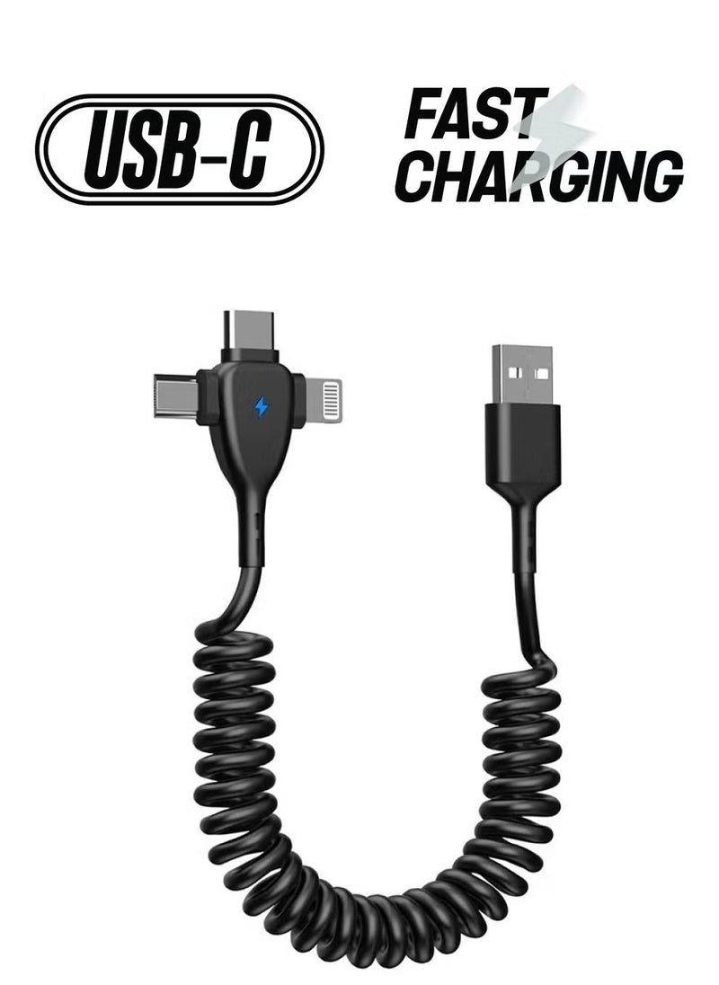 3 in 1 Coiled Lightning Cable for Car Coil iPhone Charger Cable, USB Cable Fast Charger Compatible with Lightning Type-C Micro USB for iPhone 16 14 13 12 11 XS XR X 8 7 Support iOS Android Tablets PC