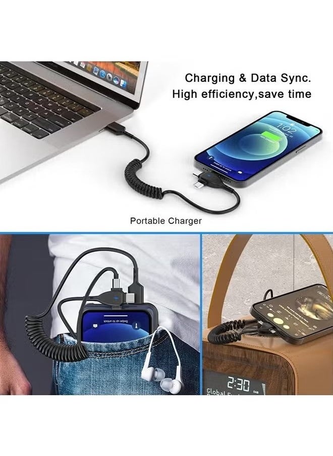 3 in 1 Coiled Lightning Cable for Car Coil iPhone Charger Cable, USB Cable Fast Charger Compatible with Lightning Type-C Micro USB for iPhone 16 14 13 12 11 XS XR X 8 7 Support iOS Android Tablets PC