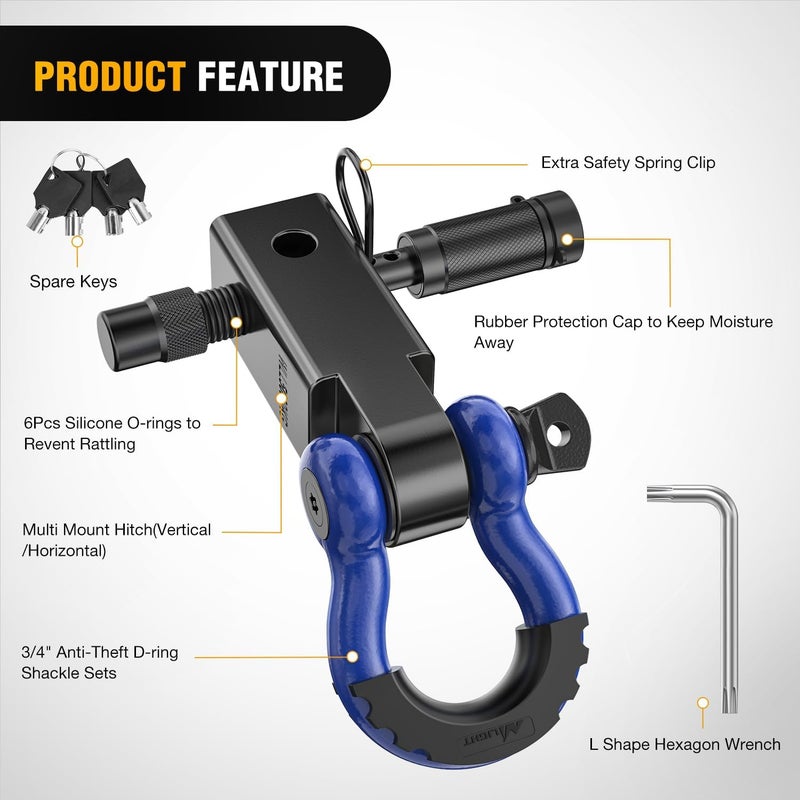 Nilight Anti-Theft Shackle Hitch Receiver 2Inch 45000 LBs Breaking Strength 3/4" Anti-Theft D Ring Shackle 5/8" Trailer Hitch Lock Pin Heavy Duty Solid Towing Kit for Trucks Jeeps Off Road(Blue&Black) - Image 4