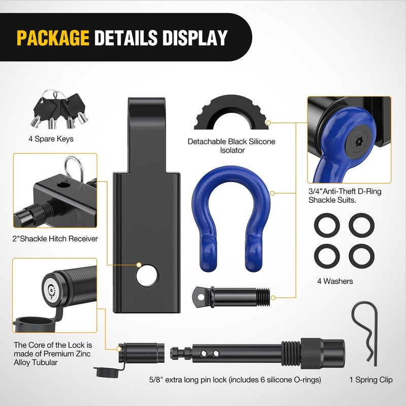 Nilight Anti-Theft Shackle Hitch Receiver 2Inch 45000 LBs Breaking Strength 3/4" Anti-Theft D Ring Shackle 5/8" Trailer Hitch Lock Pin Heavy Duty Solid Towing Kit for Trucks Jeeps Off Road(Blue&Black) - Image 5