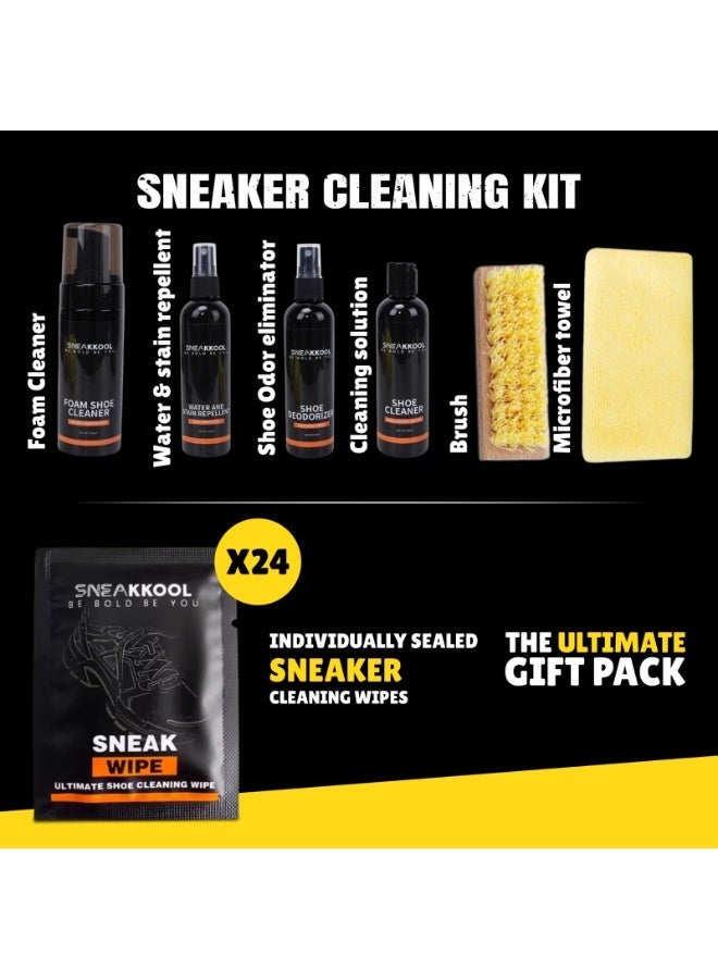 Sneakkool مجموعة العناية بالأحذية الرياضية الشاملة من سنيكول – منظف رغوي، محلول تنظيف، مزيل للروائح، طارد للماء والبقع + 24 مناديل أحذية قابلة للتحلل الحيوي - Image 4
