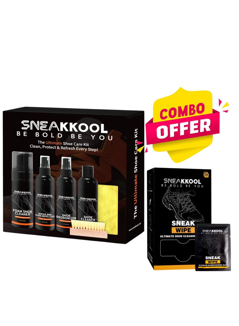 Sneakkool مجموعة العناية بالأحذية الرياضية الشاملة من سنيكول – منظف رغوي، محلول تنظيف، مزيل للروائح، طارد للماء والبقع + 24 مناديل أحذية قابلة للتحلل الحيوي - Image 1