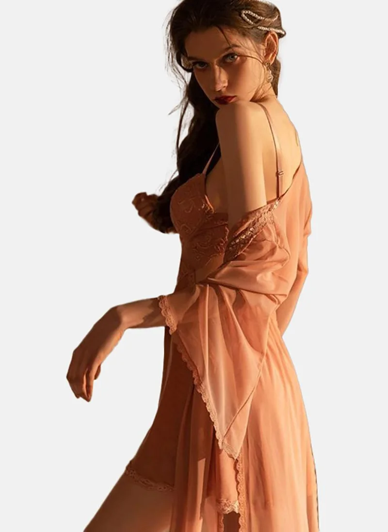 يونيكي Peach Solid Babydoll with Robe