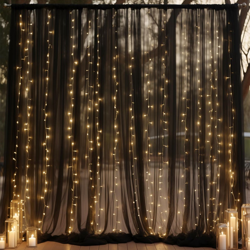 Shillance 10ft x 10ft Black Backdrop Curtain with Lights String for Parties, Sheer Tulle Wedding Photo Backdrops Drapes for Baby Shower Birthday Party Decorations Background for Photography - Image 1