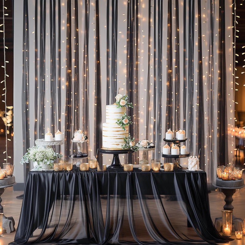 Shillance 10ft x 10ft Black Backdrop Curtain with Lights String for Parties, Sheer Tulle Wedding Photo Backdrops Drapes for Baby Shower Birthday Party Decorations Background for Photography - Image 3