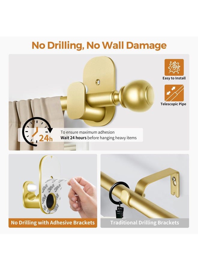 USFOOK Curtain Rods No Drilling 32 to 58 in, USFOOK 5/8 Inch No Drill Curtain Rods for Windows with 3M Adhesive Brackets, Renter Friendly Drapery Pole with Gold Round Finials - Image 4