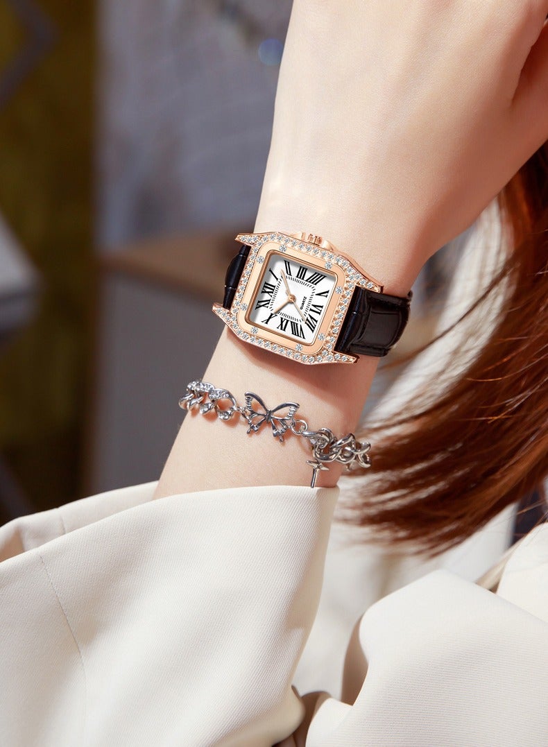 Fashion Diamond Roman Square Women's Watch Leather Strap Quartz Women's Student Watch (Black) - Image 3