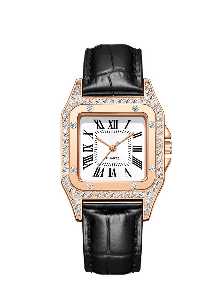 Fashion Diamond Roman Square Women's Watch Leather Strap Quartz Women's Student Watch (Black) - Image 1