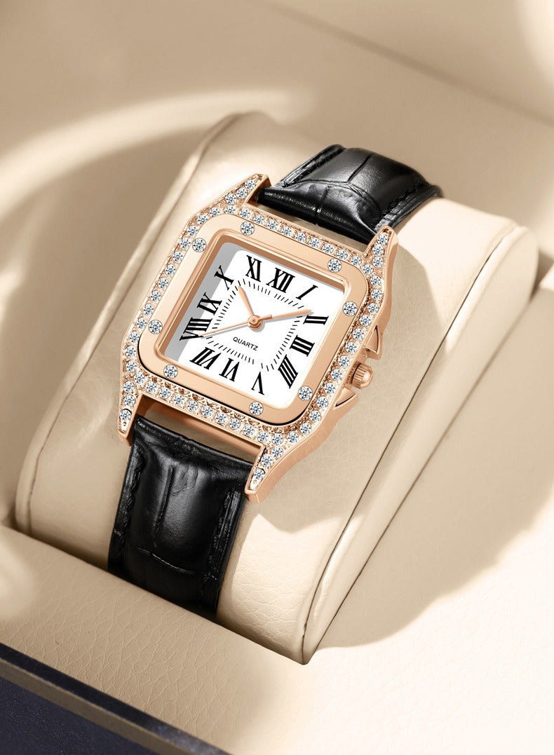 Fashion Diamond Roman Square Women's Watch Leather Strap Quartz Women's Student Watch (Black) - Image 4