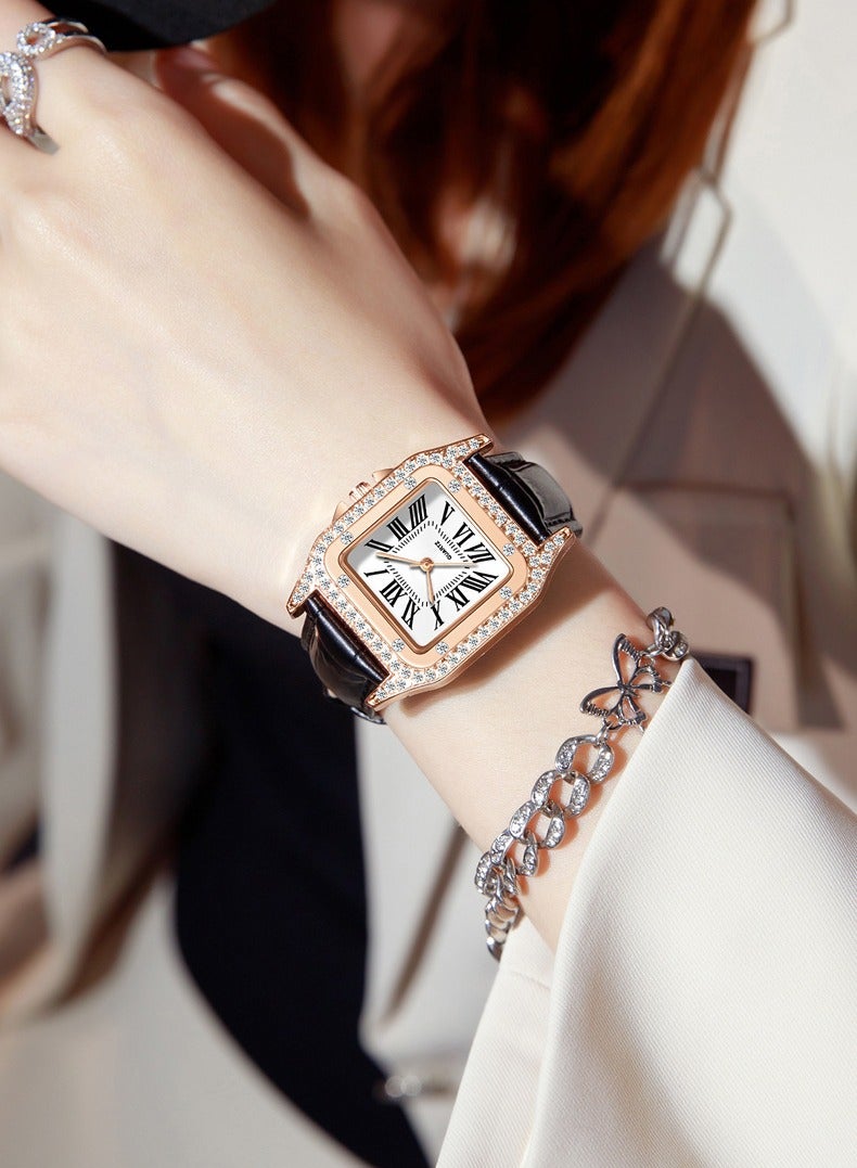 Fashion Diamond Roman Square Women's Watch Leather Strap Quartz Women's Student Watch (Black) - Image 2