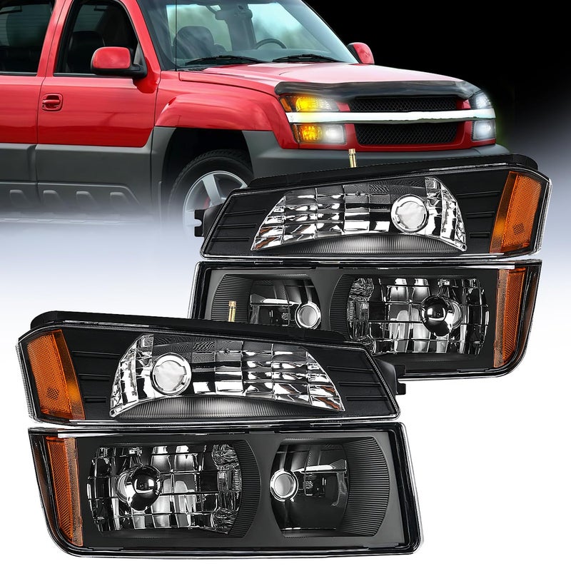Nilight Headlight Assembly for 2002 2003 2004 2005 2006 Chevy Avalanche with Body Cladding Pickup Truck Replacement Headlamp Black Housing Amber Reflector Driver and Passenger Side