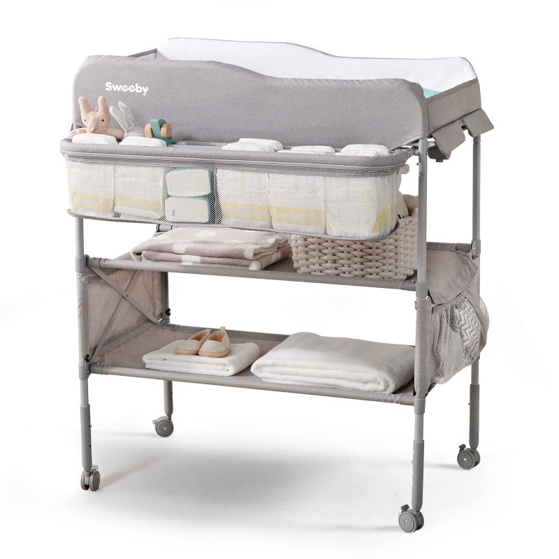 Sweeby Portable Baby Changing Table Foldable Diaper Changing Station with Waterproof Pad Mobile Nursery Organizer for Infant Newborn Essentials Grey