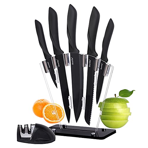 dearithe Kitchen Knife Set 7 Piece High Carbon Stainless Steel Knife Block Set with Knife Sharpener Professional Chef Knife Set with Acrylic StandNon stick coating for Antirusting and Sharp