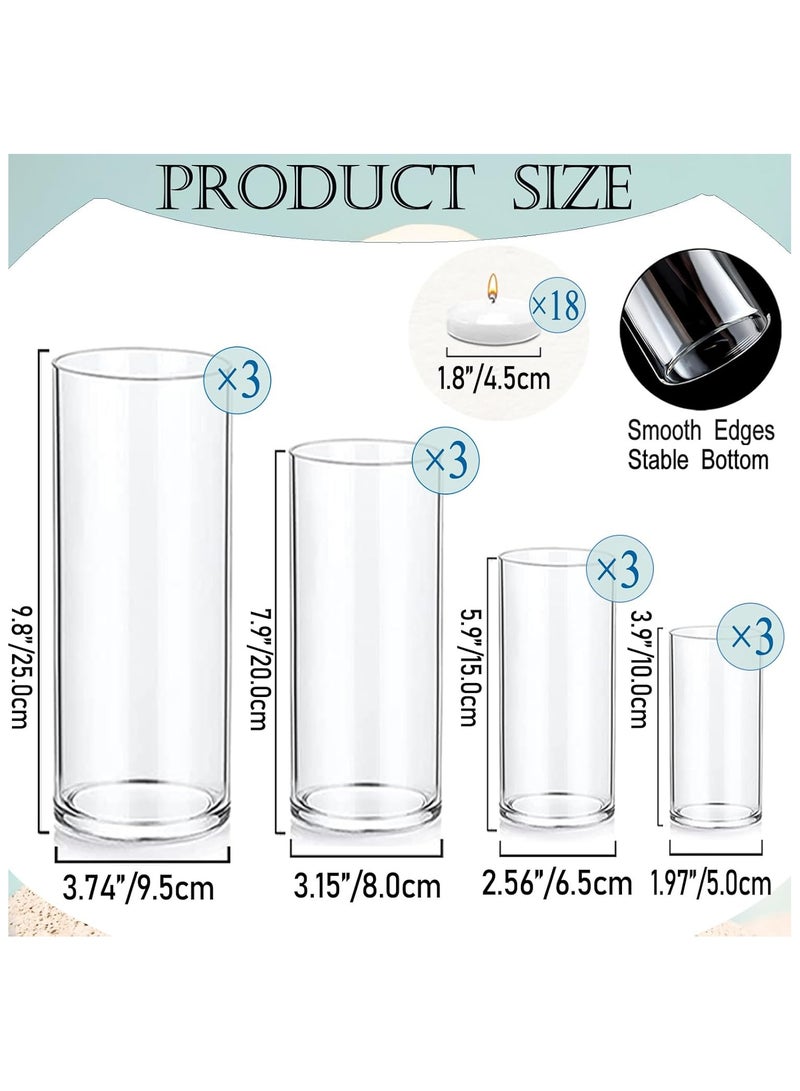 Home zone Set of 12 Pcs Glass Cylinder Vases for Centrepieces with 18 Pcs White Floating Candles for Table Shelf Wedding Party Home Décor (S+M+L+XL) - Image 2