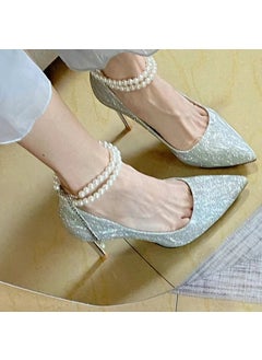 Silver Pointed Shallow Pearl One-Row Rhinestone High Heels Womens 2024 New Adult Gift Single Shoes Maid Of Honor Shoes Silver 6cm