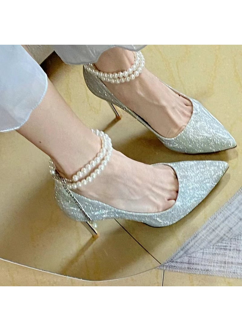 Generic - Silver Pointed Shallow Pearl One-Row Rhinestone High Heels Womens 2024 New Adult Gift Single Shoes Maid Of Honor Shoes Silver 6cm - Image 1
