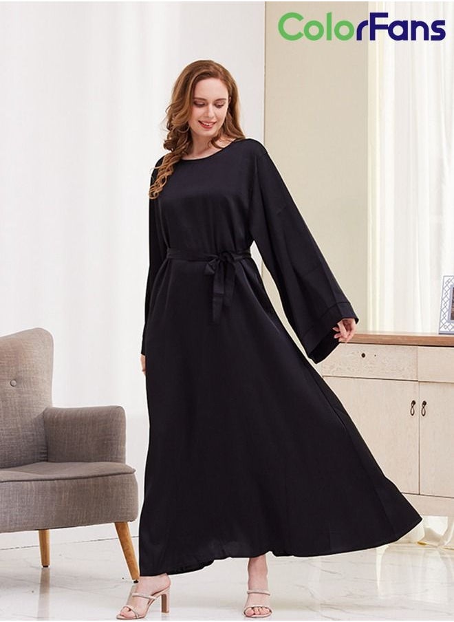 Color Fans - Summer Dress for Women 2023 Muslim Solid Color Casual Long Sleeves Maxi Dress with Belt Black - Image 1