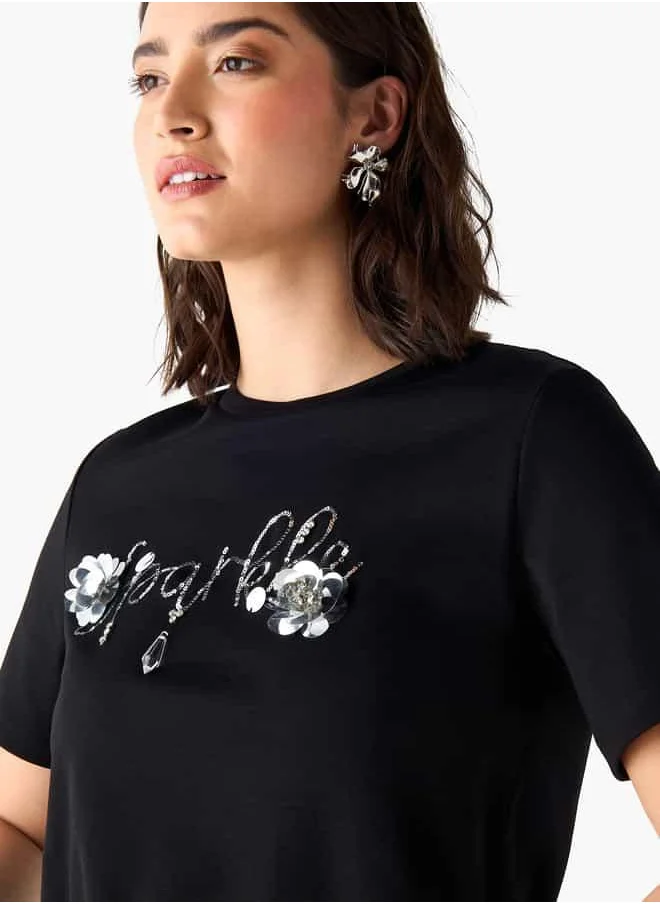 2Xtremz 2Xtremz Embellished Crew Neck T-shirt with Short Sleeves