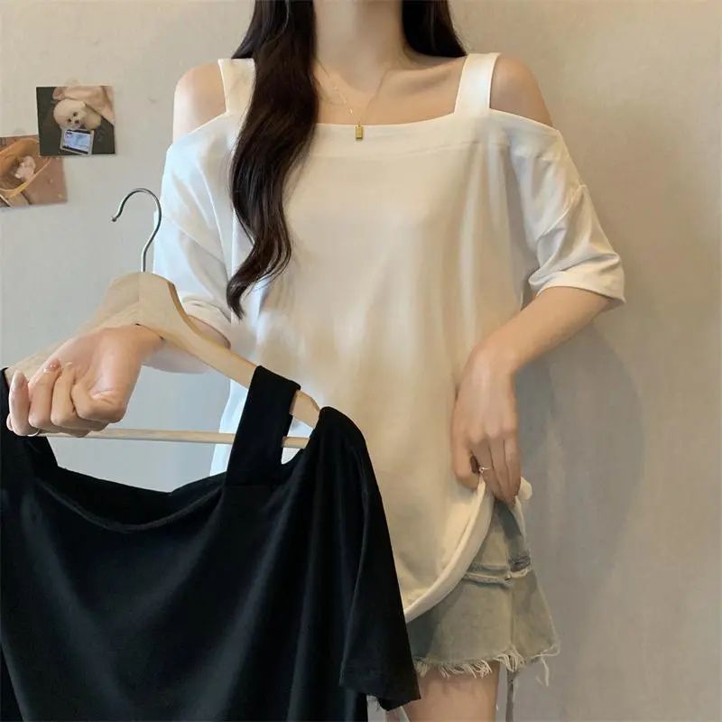 تي شيرت أوفر سايز 150 كجم بدون أكتاف للنساء، مناسب للمقاسات الكبيرة 200، أكتاف عادية، نسخة كبيرة، بمقاس فضفاض، 240 تي شيرت بدون أكتاف برقبة مستديرة - Image 3