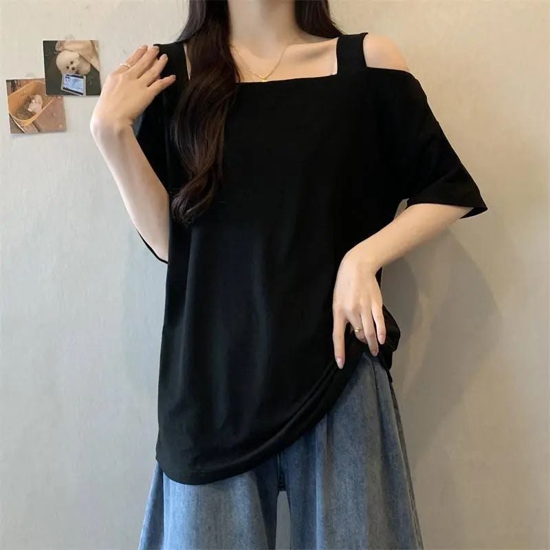 تي شيرت أوفر سايز 150 كجم بدون أكتاف للنساء، مناسب للمقاسات الكبيرة 200، أكتاف عادية، نسخة كبيرة، بمقاس فضفاض، 240 تي شيرت بدون أكتاف برقبة مستديرة - Image 5