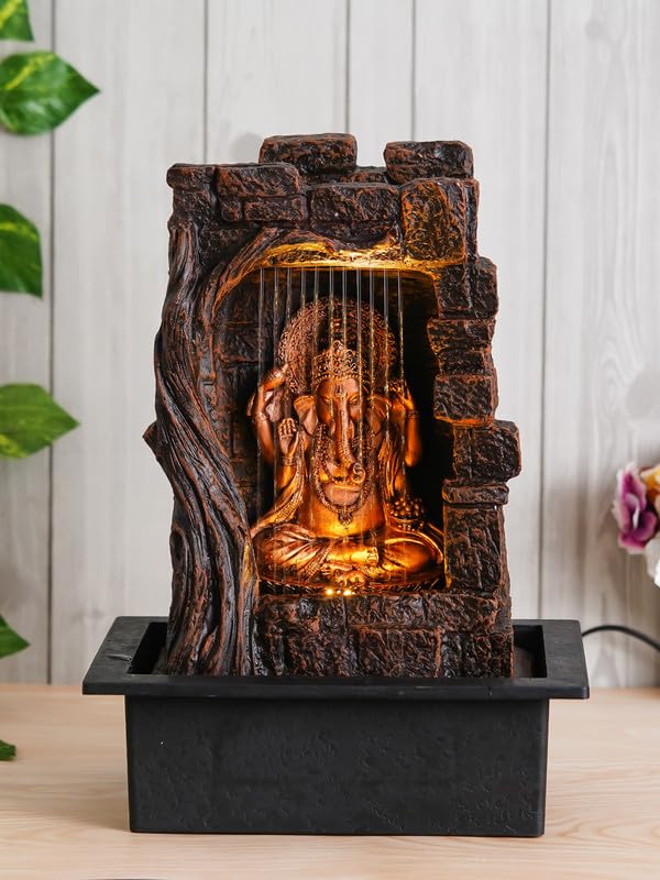 Firstly Ganesha Polystone Curtain Style Indoor Table Top Water Fountain with LED Lights and Water Pump BrownGolden 42cm X 31cm X 23cm