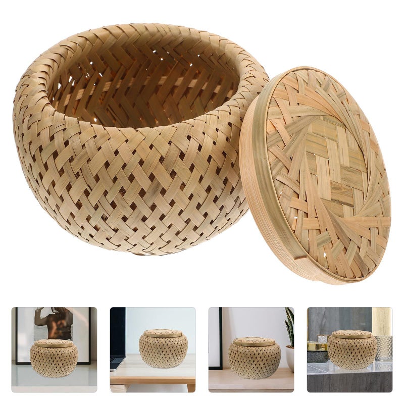 Small Round Woven Storage Basket With Lid For Kitchen Tabletop Organization - Image 5