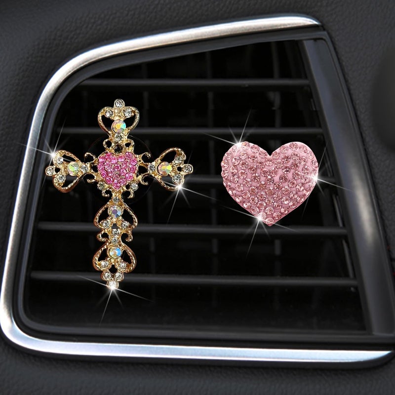 Auconda 2 Pack Car Vent Clips,Crystal Cross and Heart Air Vent Clips,Bling Car Accessories for Women & Girls(Pink) - Image 1
