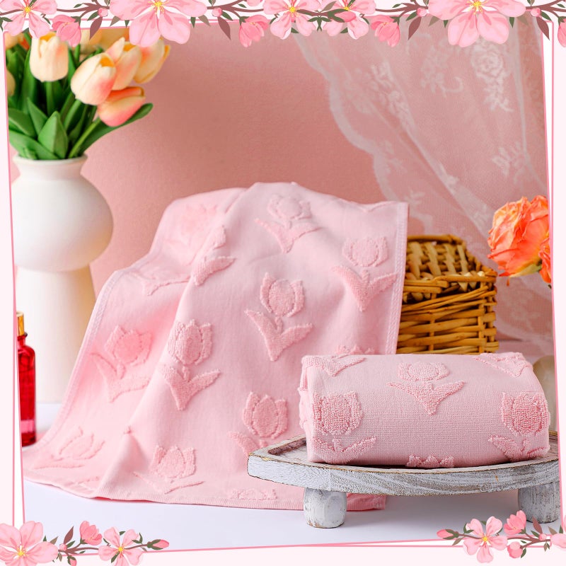 SmoothNovelty 2 Pcs Tulip Hand Towels for Bathroom Pink Tulip 100% Cotton Jacquard Weave Bath Towel Set Soft Absorbent Kitchen Towels for Bathroom Kitchen Summer Theme Gifts 13.8 x 29.5 - Image 5