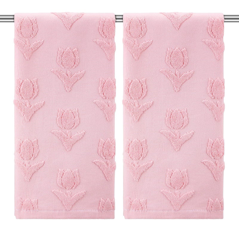 SmoothNovelty 2 Pcs Tulip Hand Towels for Bathroom Pink Tulip 100% Cotton Jacquard Weave Bath Towel Set Soft Absorbent Kitchen Towels for Bathroom Kitchen Summer Theme Gifts 13.8 x 29.5 - Image 1