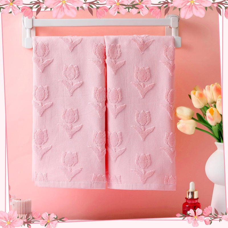 SmoothNovelty 2 Pcs Tulip Hand Towels for Bathroom Pink Tulip 100% Cotton Jacquard Weave Bath Towel Set Soft Absorbent Kitchen Towels for Bathroom Kitchen Summer Theme Gifts 13.8 x 29.5 - Image 3