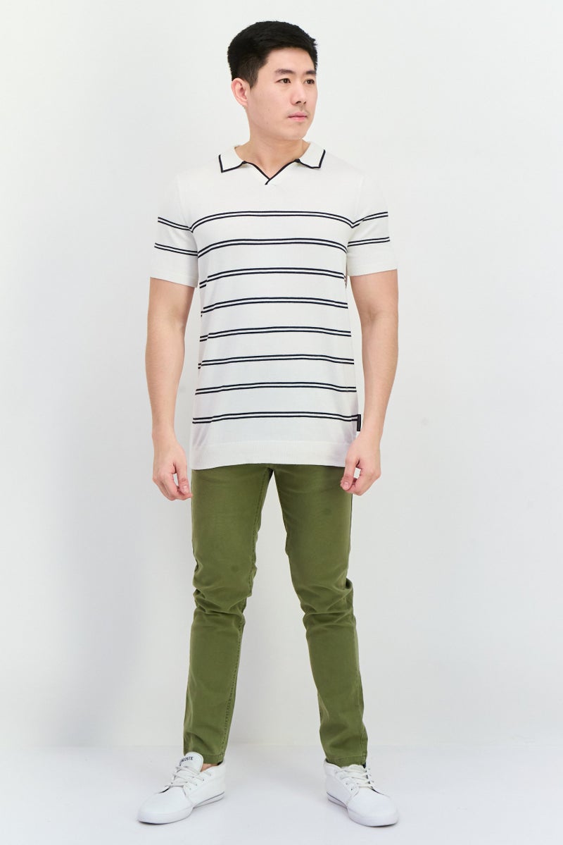 French Connection Men Spread Collar Short Sleeve Stripe Sweater, White  - Image 4