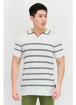 French Connection Men Spread Collar Short Sleeve Stripe Sweater, White  - Image 1