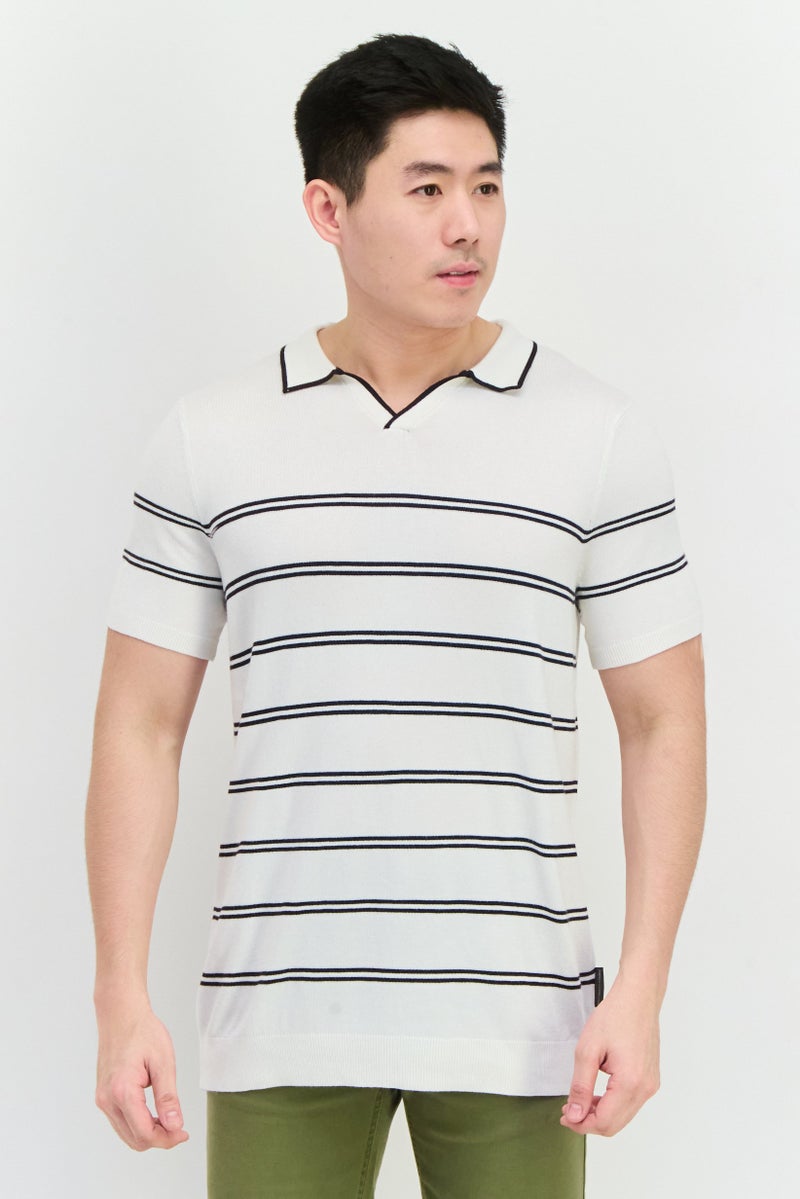 French Connection Men Spread Collar Short Sleeve Stripe Sweater, White  - Image 1